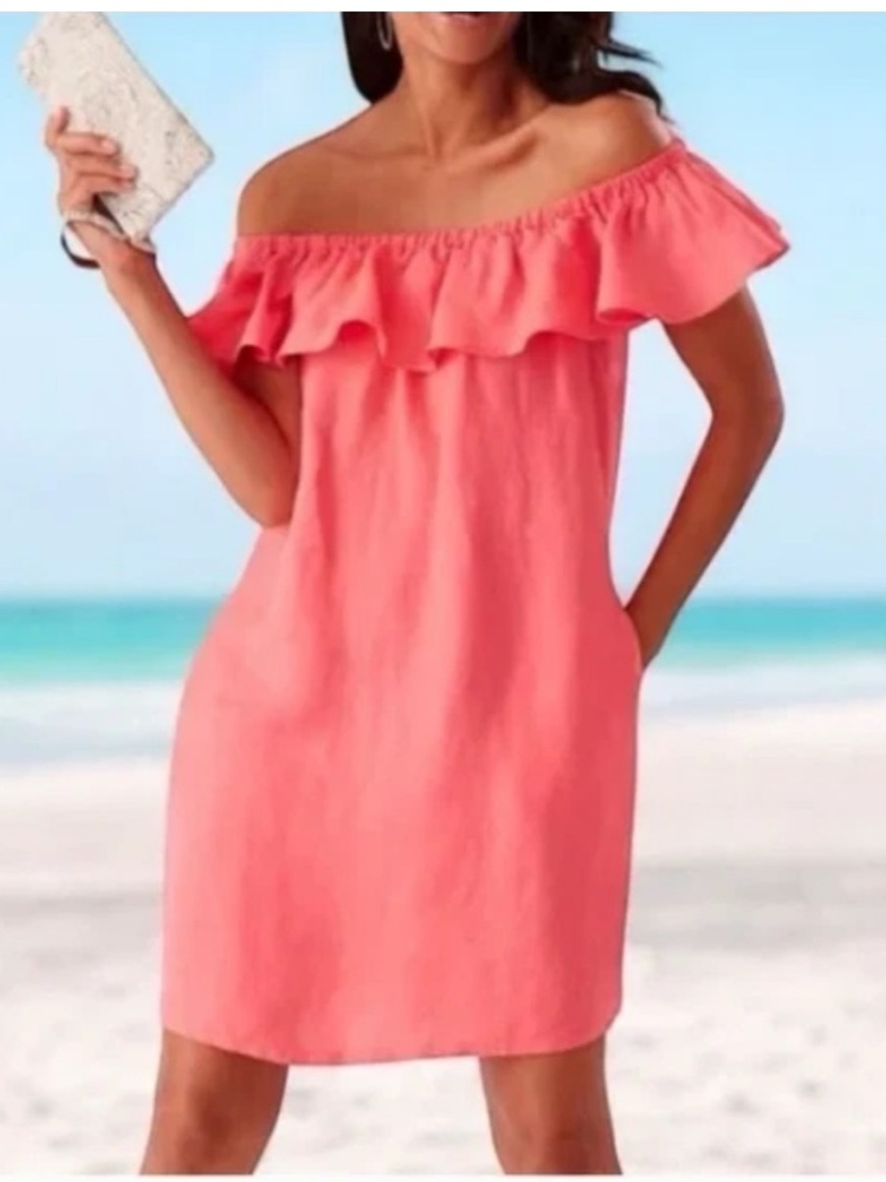 Tommy Bahama Coral Pink Off-Shoulder Ruffle Mini Dress